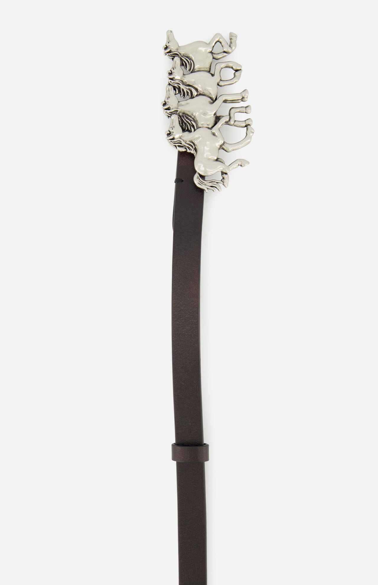 The Chloé Running Horses Belt by CHLOÉ is a black leather belt adorned with a silver buckle shaped like three stacked horses, each facing left.