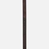 The CHLOÉ Running Horses Belt is displayed vertically against a white background, featuring dark brown leather and a distinctive brass buckle, with multiple holes near the end of the strap.