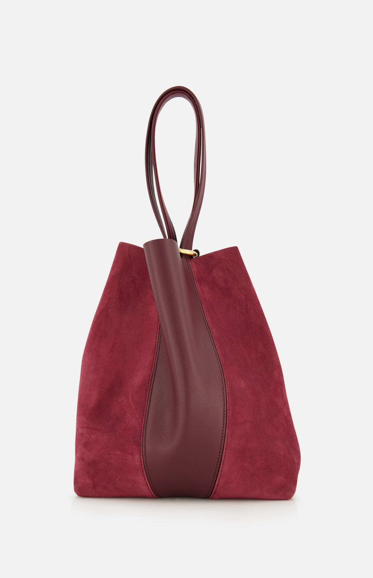 Displayed against a plain white background, the Chloé Leather and Suede Spin Bag by CHLOÉ features rich burgundy suede with a central dark red leather accent, matching leather handles, and includes a removable bag chain for added versatility.