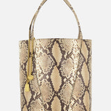 The CHLOÉ Spin Bag with Chain is a beige and brown snakeskin print leather tote inspired by Chloé designs, featuring two handles with gold chain and lock charms, shown against a plain white background.