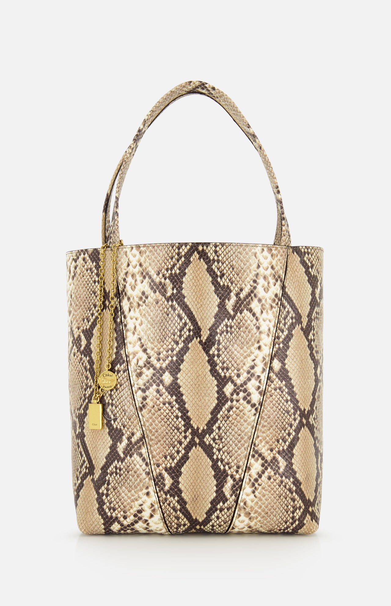 The CHLOÉ Spin Bag with Chain is a beige and brown snakeskin print leather tote inspired by Chloé designs, featuring two handles with gold chain and lock charms, shown against a plain white background.