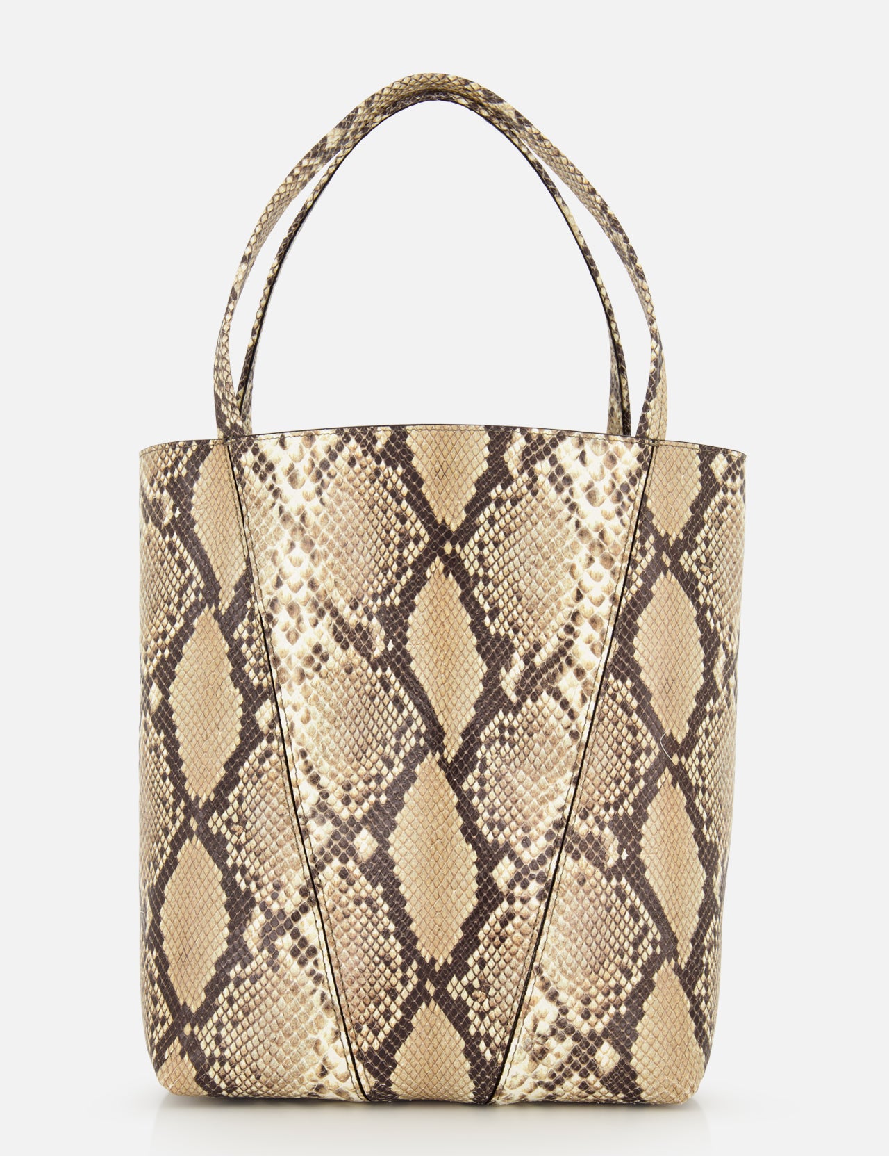 The CHLOÉ Spin Bag with Chain features a brown and beige snakeskin print, dual handles, a structured trapezoidal shape, and is displayed against a plain white background.