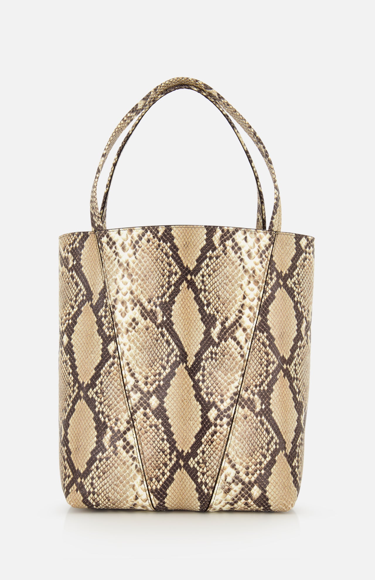 The CHLOÉ Spin Bag with Chain features a brown and beige snakeskin print, dual handles, a structured trapezoidal shape, and is displayed against a plain white background.