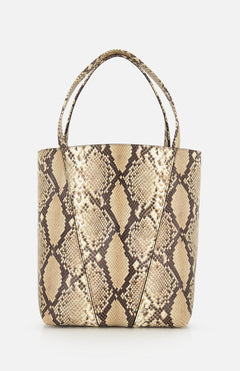 The CHLOÉ Spin Bag with Chain features a brown and beige snakeskin print, dual handles, a structured trapezoidal shape, and is displayed against a plain white background.