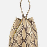 The CHLOÉ Spin Bag with Chain features a beige and brown snakeskin print, a slouchy bucket-style shape, and a single top handle, shown against a plain white background.