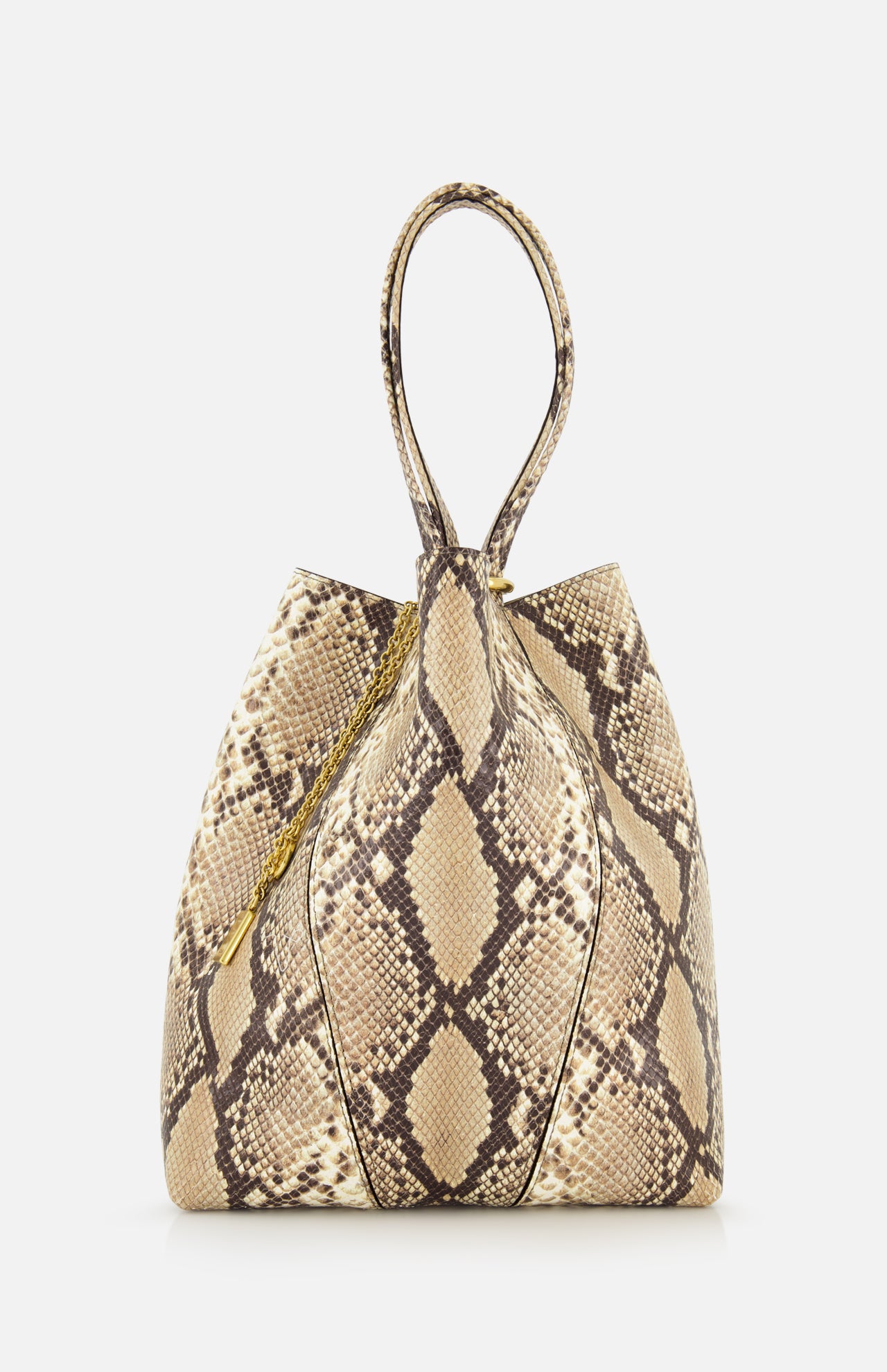 The CHLOÉ Spin Bag with Chain features a beige and brown snakeskin print, a slouchy bucket-style shape, and a single top handle, shown against a plain white background.