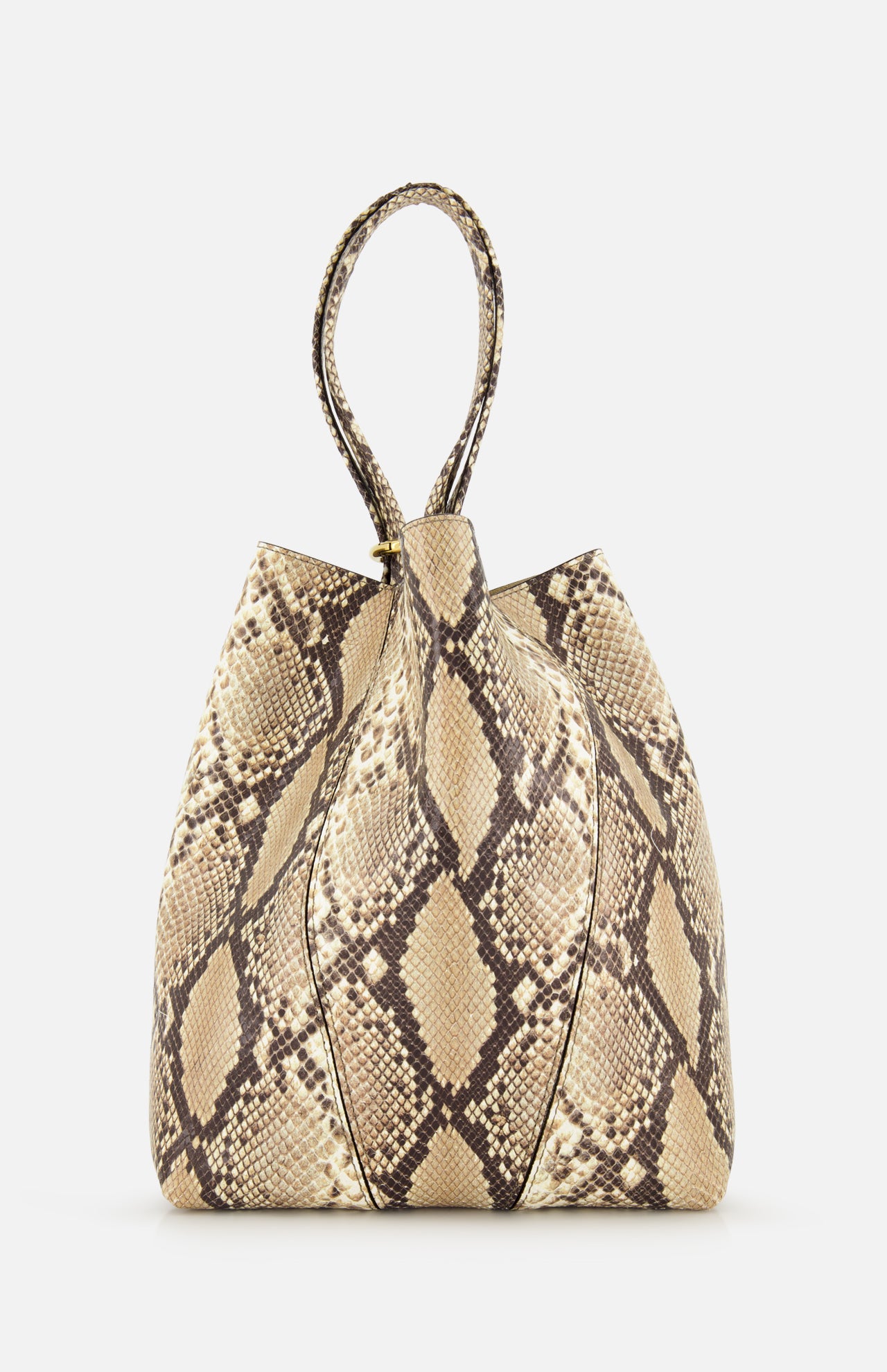 The CHLOÉ Spin Bag with Chain is a structured beige and brown snakeskin print tote featuring two handles, shown against a plain white background.