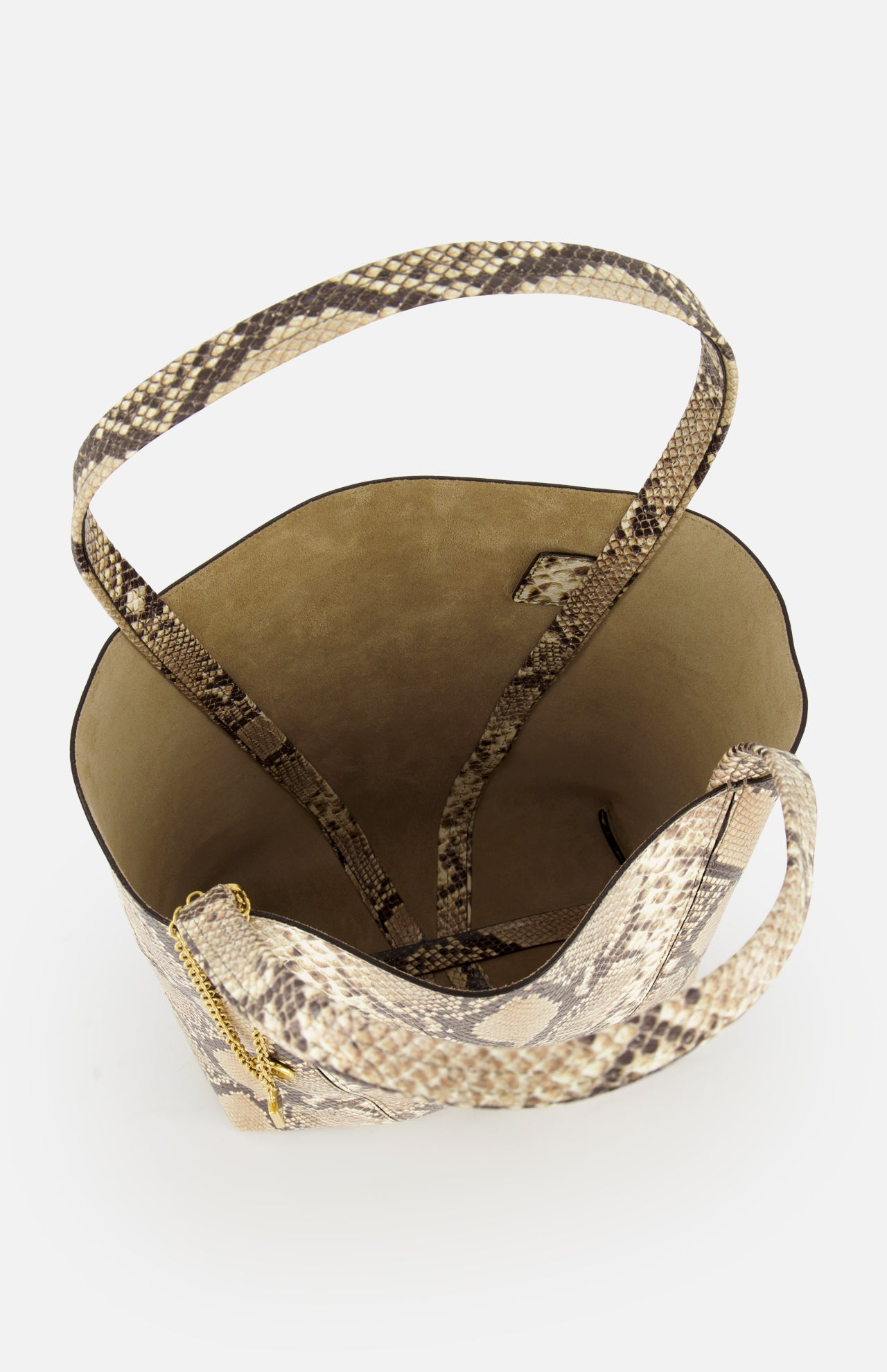 A top-down view of the CHLOÉ Spin Bag with Chain shows its snakeskin print in beige and brown hues, spacious light brown interior, and shoulder straps.