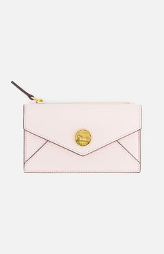 The CHLOÉ Leather Envelope Clutch features ballet pink leather, an envelope-style flap with gold button detail, a zippered top closure, and brown trim.
