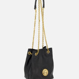 The CHLOÉ Mini Horse Medal Leather Bag is a black leather bucket bag with gold chain crossbody strap, gold hardware, and a circular gold emblem with embossed branding. The mini bag stands upright on a plain white background.