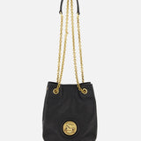 The CHLOÉ Mini Horse Medal Leather Bag features black leather, gold chain crossbody straps, and a round gold emblem with the Chloé logo on the front.