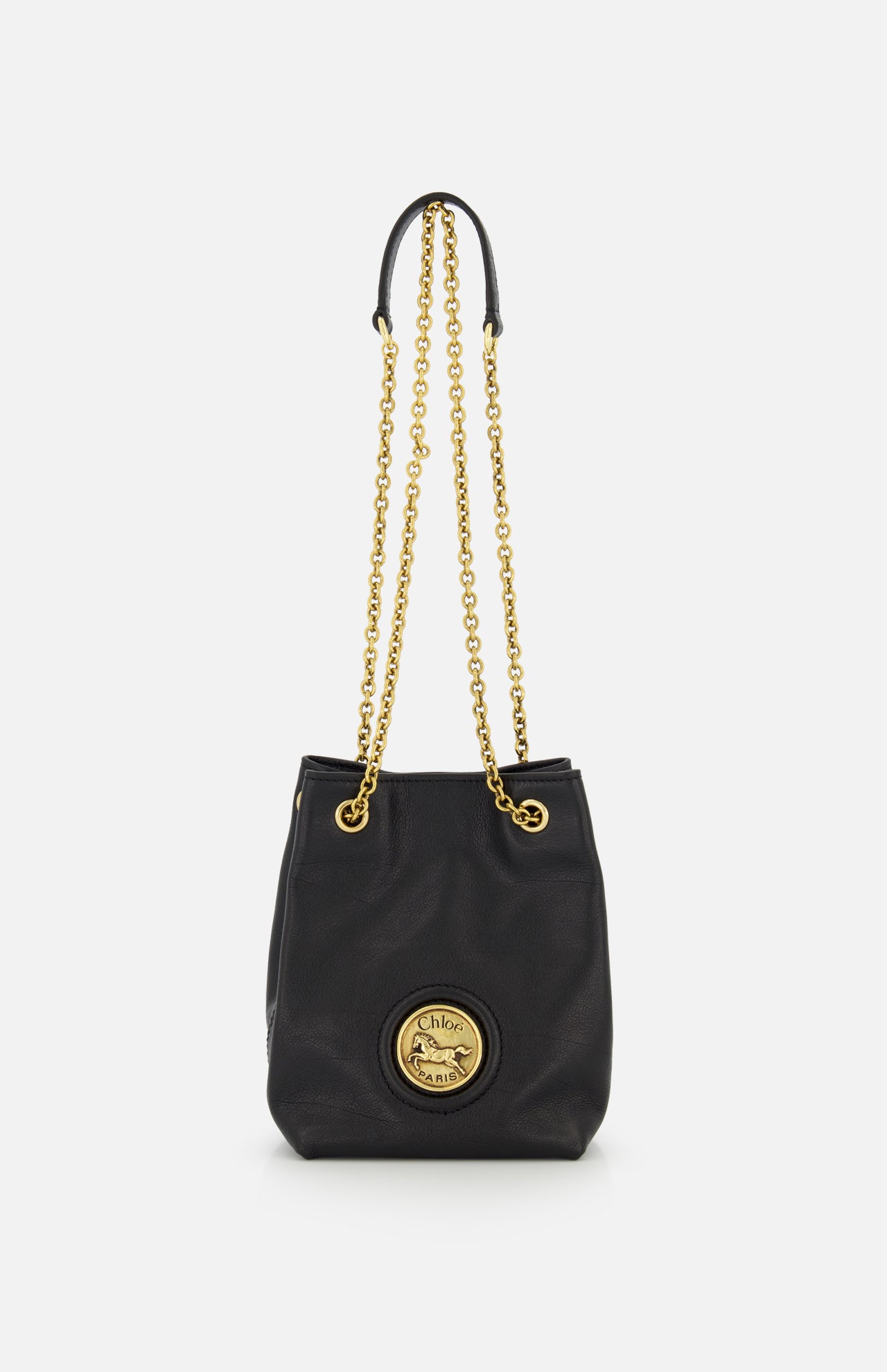 The CHLOÉ Mini Horse Medal Leather Bag features black leather, gold chain crossbody straps, and a round gold emblem with the Chloé logo on the front.