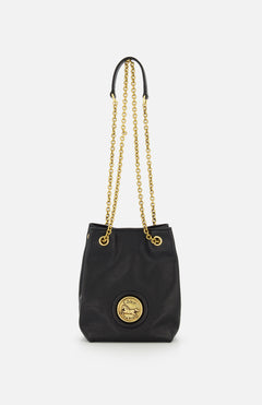 The CHLOÉ Mini Horse Medal Leather Bag features black leather, gold chain crossbody straps, and a round gold emblem with the Chloé logo on the front.