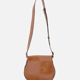 The CHLOE Marcie Bag is a tan crossbody saddle bag featuring a patchwork of smooth leather and suede squares, an adjustable shoulder strap, and gold-tone hardware, displayed on a plain white background.