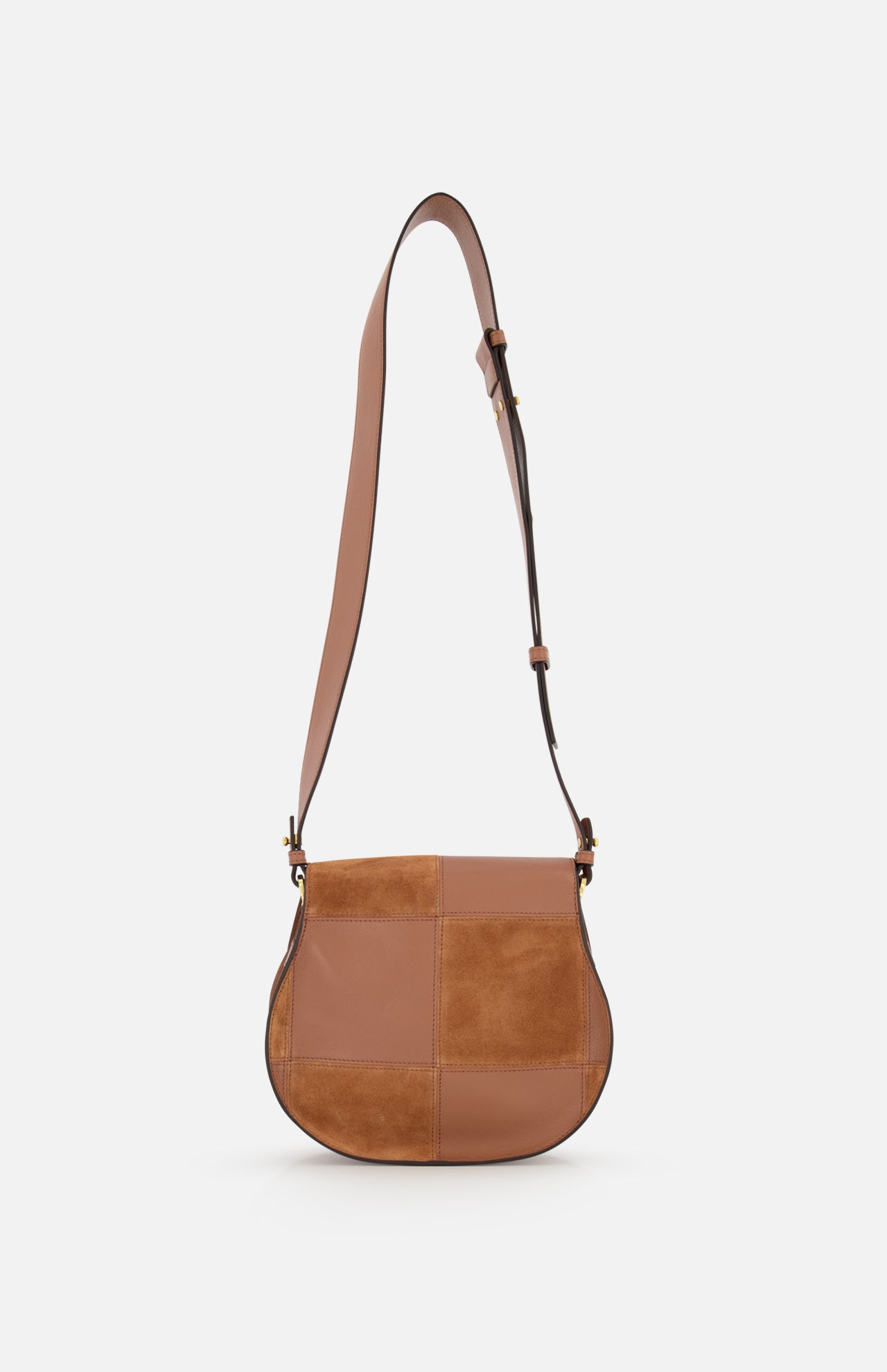 The CHLOE Marcie Bag is a tan crossbody saddle bag featuring a patchwork of smooth leather and suede squares, an adjustable shoulder strap, and gold-tone hardware, displayed on a plain white background.