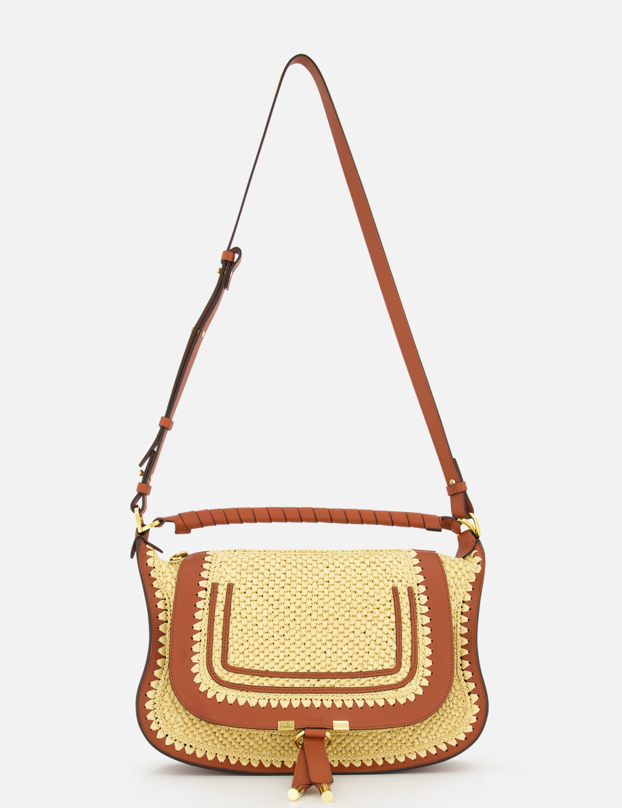 The Marcie Raffia Effect Shoulder Bag by CHLOÉ features brown leather accents, a flap closure, decorative stitching, and a long adjustable strap, shown against a plain white background.