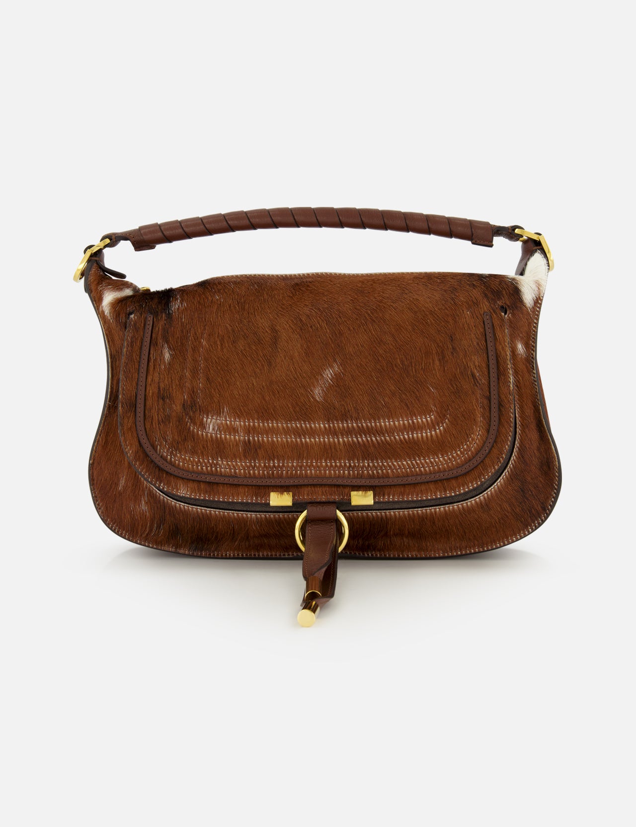 Brown Chloé Marcie Calf Hair Bag featuring a wrapped leather handle, gold-toned hardware, and a hanging ring detail on this western-style shoulder bag.