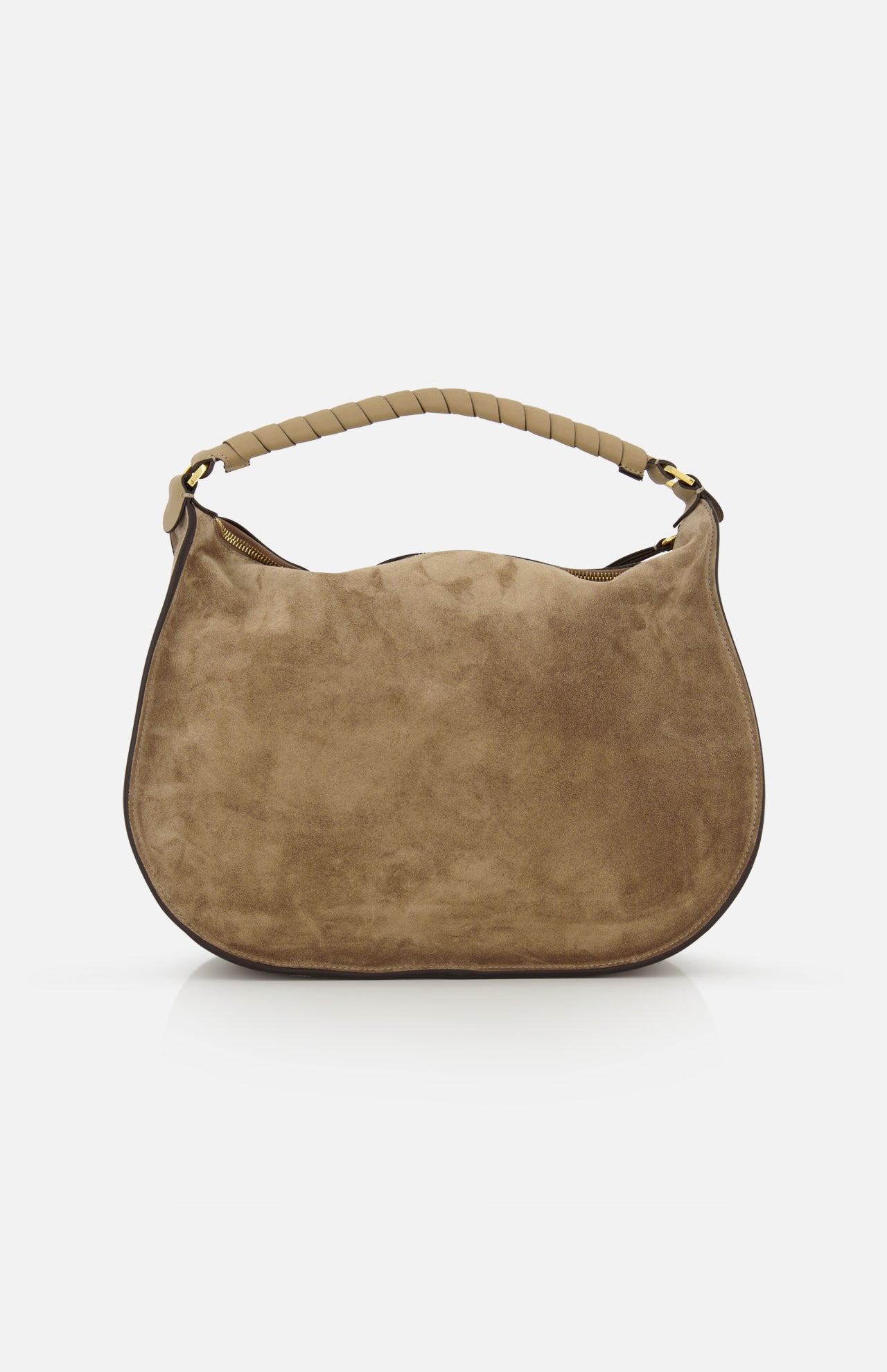The CHLOÉ Marcie Suede Top Handle Bag is a tan Italian-made day bag with a rounded shape, short wrapped leather handle, and gold-tone hardware, shown against a plain white background.