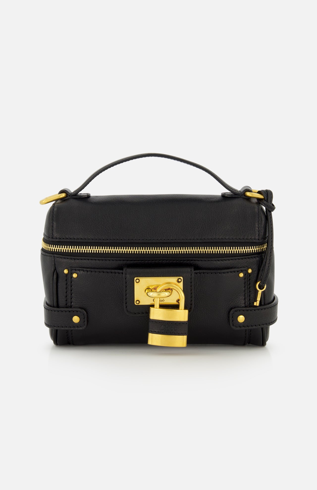 Small black leather Chloe Small Paddington Bag with a gold-tone zipper, top handle, and an oversized padlock secured at the center front.