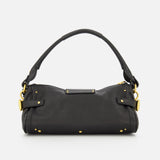 A CHLOÉ Paddington Removable Strap Shoulder Bag in black leather with gold hardware is displayed on a plain white background. It features a single rounded handle, decorative gold studs, and is finished with the brand’s iconic oversized padlock for a bold statement.