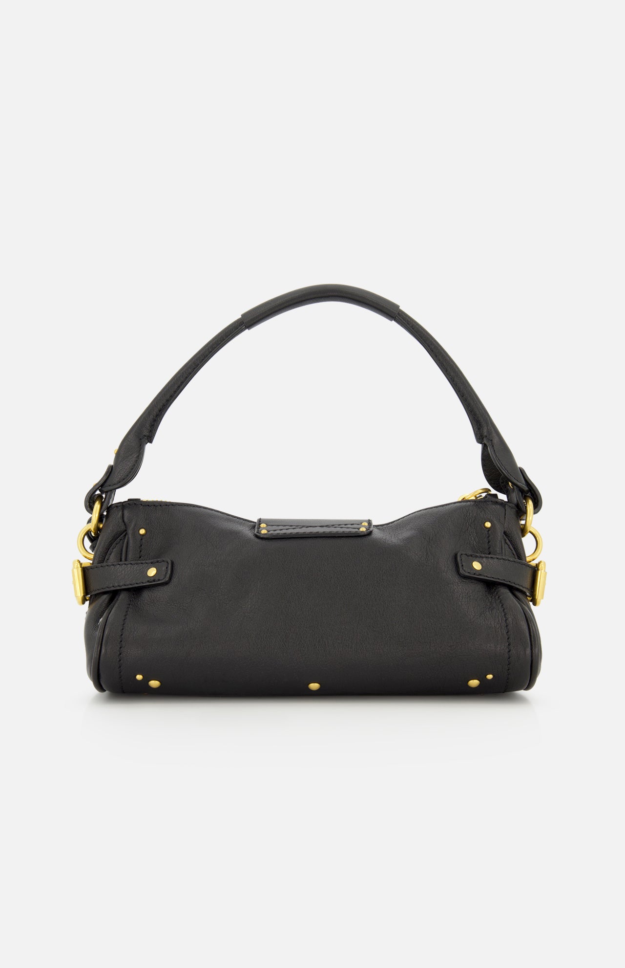 A CHLOÉ Paddington Removable Strap Shoulder Bag in black leather with gold hardware is displayed on a plain white background. It features a single rounded handle, decorative gold studs, and is finished with the brand’s iconic oversized padlock for a bold statement.