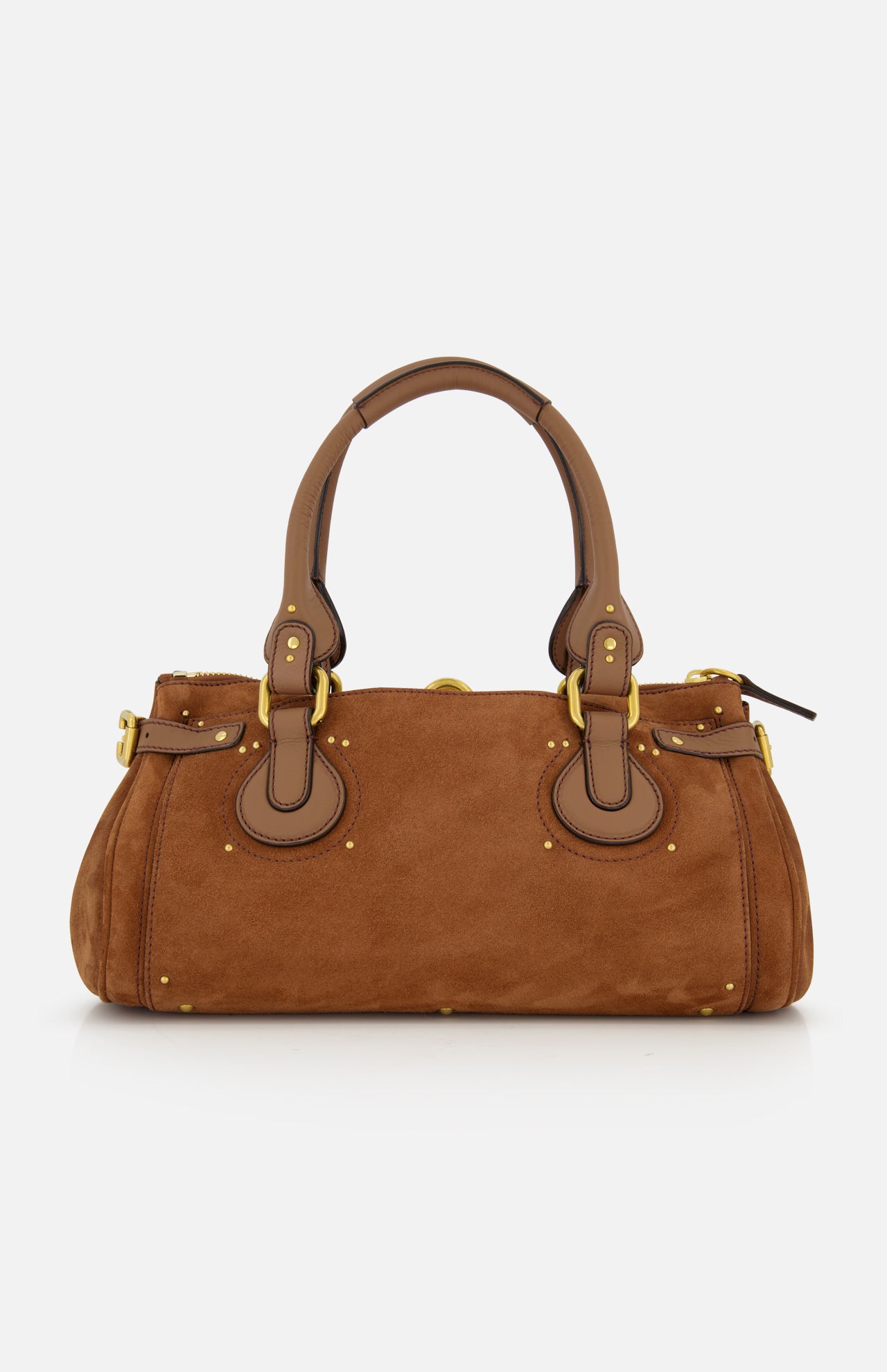 The CHLOÉ Suede Paddington Shoulder Bag features brown suede, double handles, gold-tone hardware, an oversized padlock, and leather trim, shown against a plain white background.