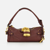 CHLOÉ Paddington Shoulder Bag with Removable Strap in dark brown leather, featuring a short handle, gold hardware accents, zipper closure, and a signature prominent gold padlock at the center front—reminiscent of the iconic Paddington design.