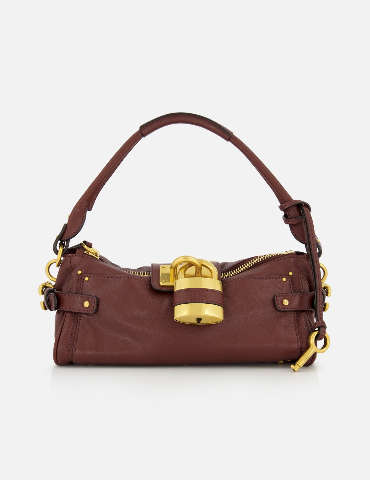 CHLOÉ Paddington Shoulder Bag with Removable Strap in dark brown leather, featuring a short handle, gold hardware accents, zipper closure, and a signature prominent gold padlock at the center front—reminiscent of the iconic Paddington design.