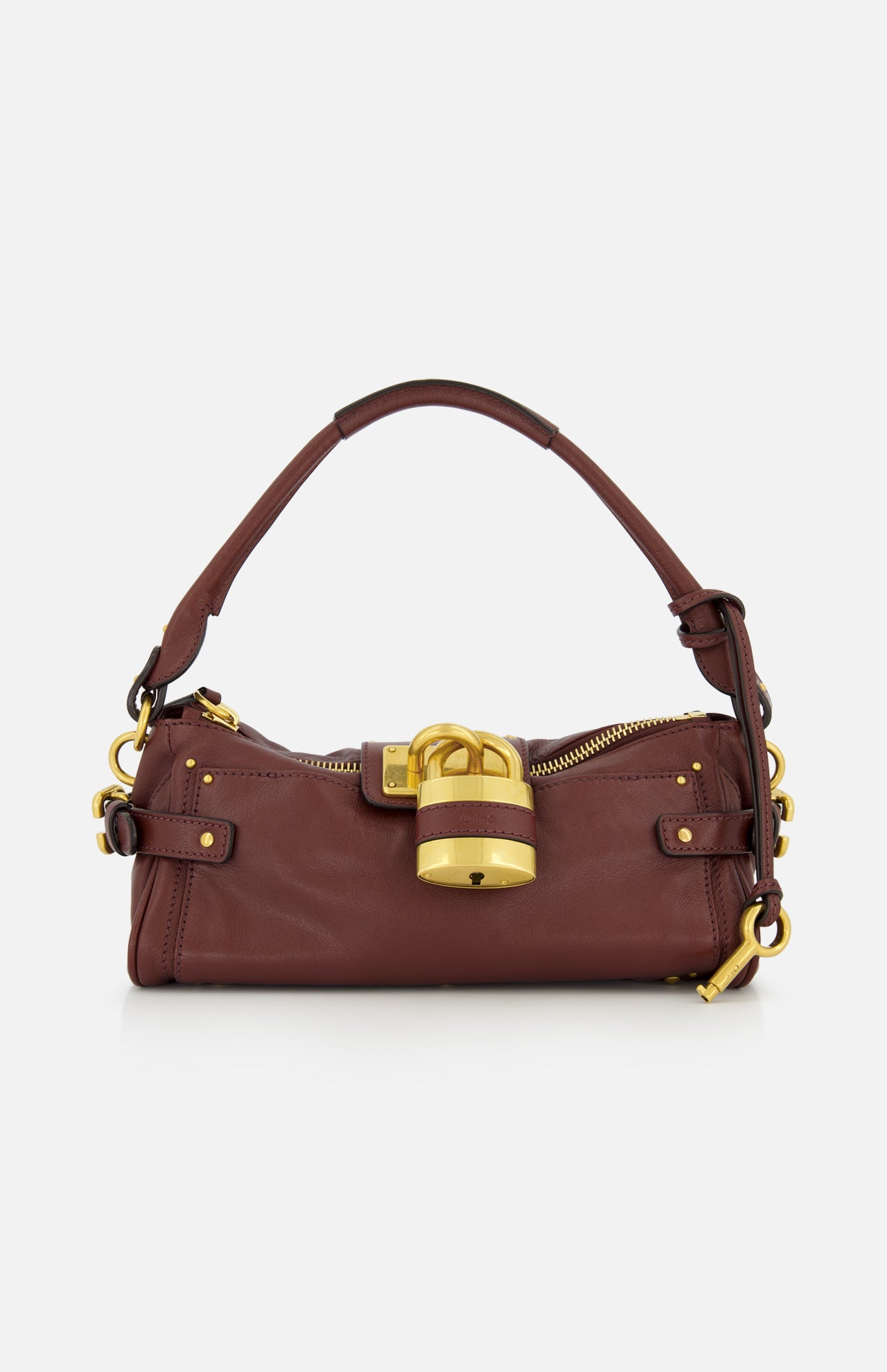 CHLOÉ Paddington Shoulder Bag with Removable Strap in dark brown leather, featuring a short handle, gold hardware accents, zipper closure, and a signature prominent gold padlock at the center front—reminiscent of the iconic Paddington design.