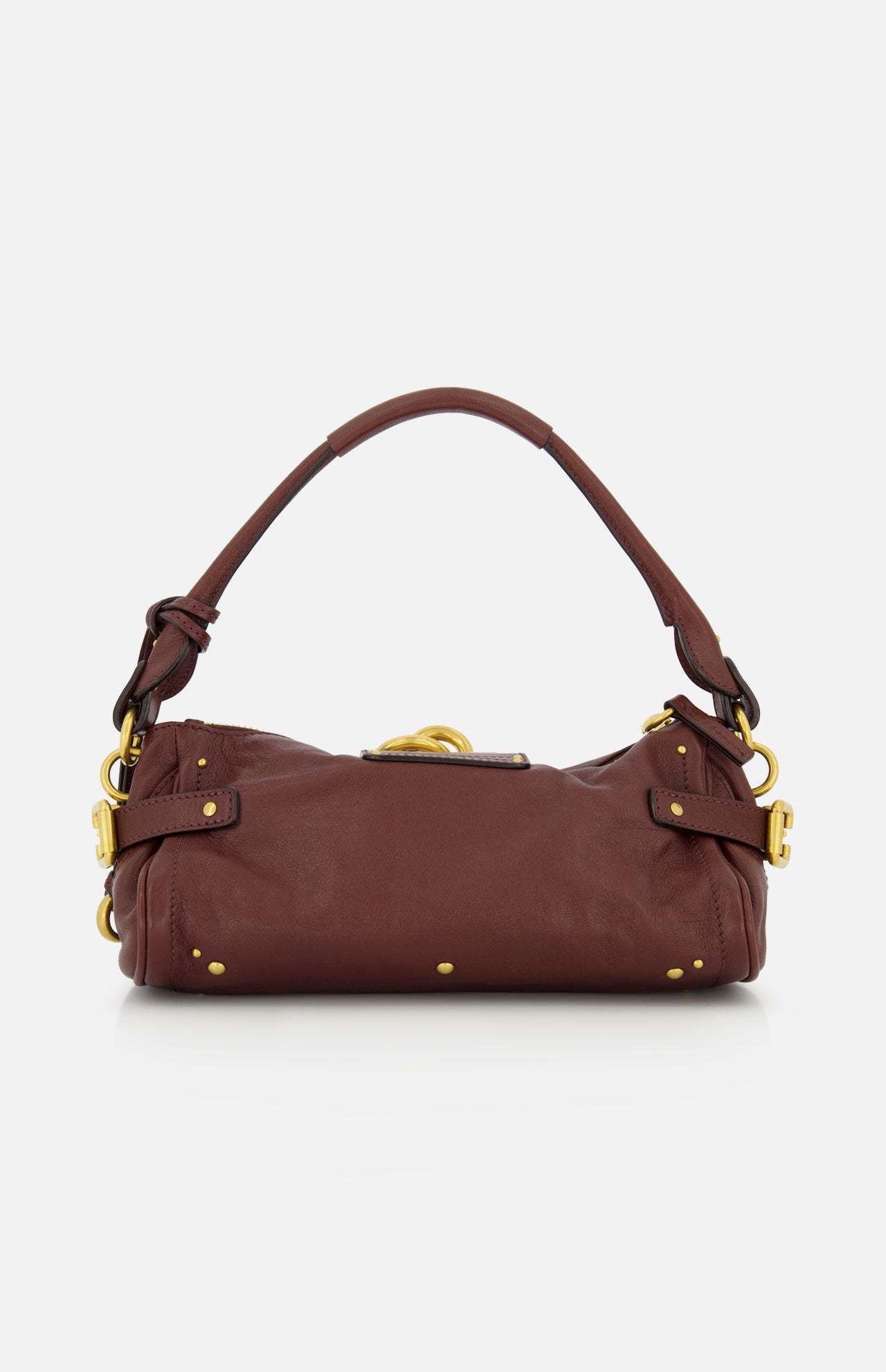 A CHLOÉ Paddington Shoulder Bag with Removable Strap, crafted from dark brown leather with gold hardware, a short handle, and decorative rivets, featuring an oversized padlock and displayed against a white background.