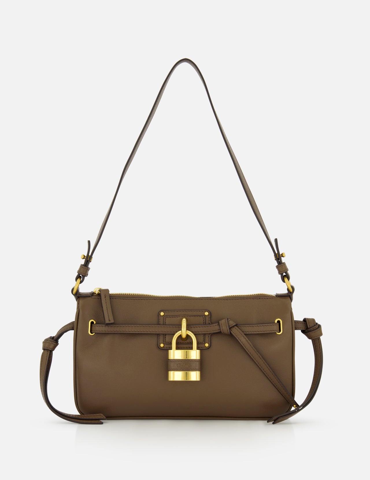 CHLOÉ Paddington Sling Bag in brown leather with an adjustable strap, a top zipper, and a large gold-tone padlock centered on the front.