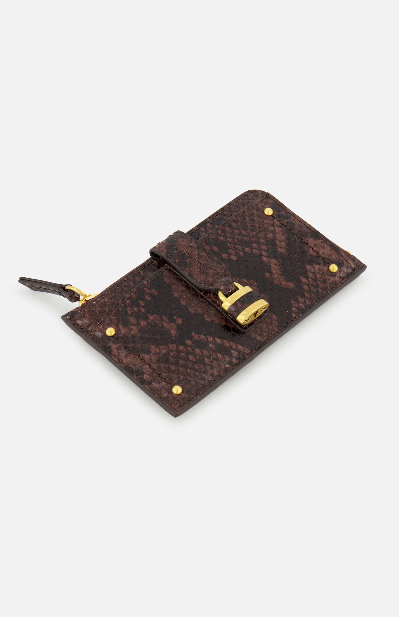 The CHLOÉ Python Paddington Wallet is a small, flat, rectangular brown wallet in python-effect calfskin with gold-tone hardware, padlock clasp, decorative rivets, and a side zipper pull, displayed on a white background.