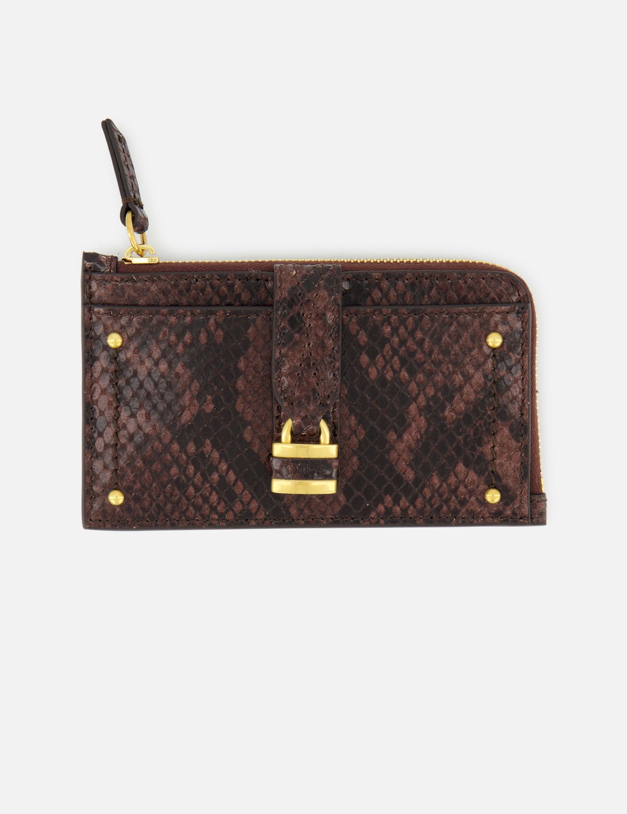 The CHLOÉ Python Paddington Wallet is a small rectangular wallet in brown python-effect calfskin, featuring gold hardware, corner studs, a strap with a gold-tone padlock on the front, and a small zipper pull.