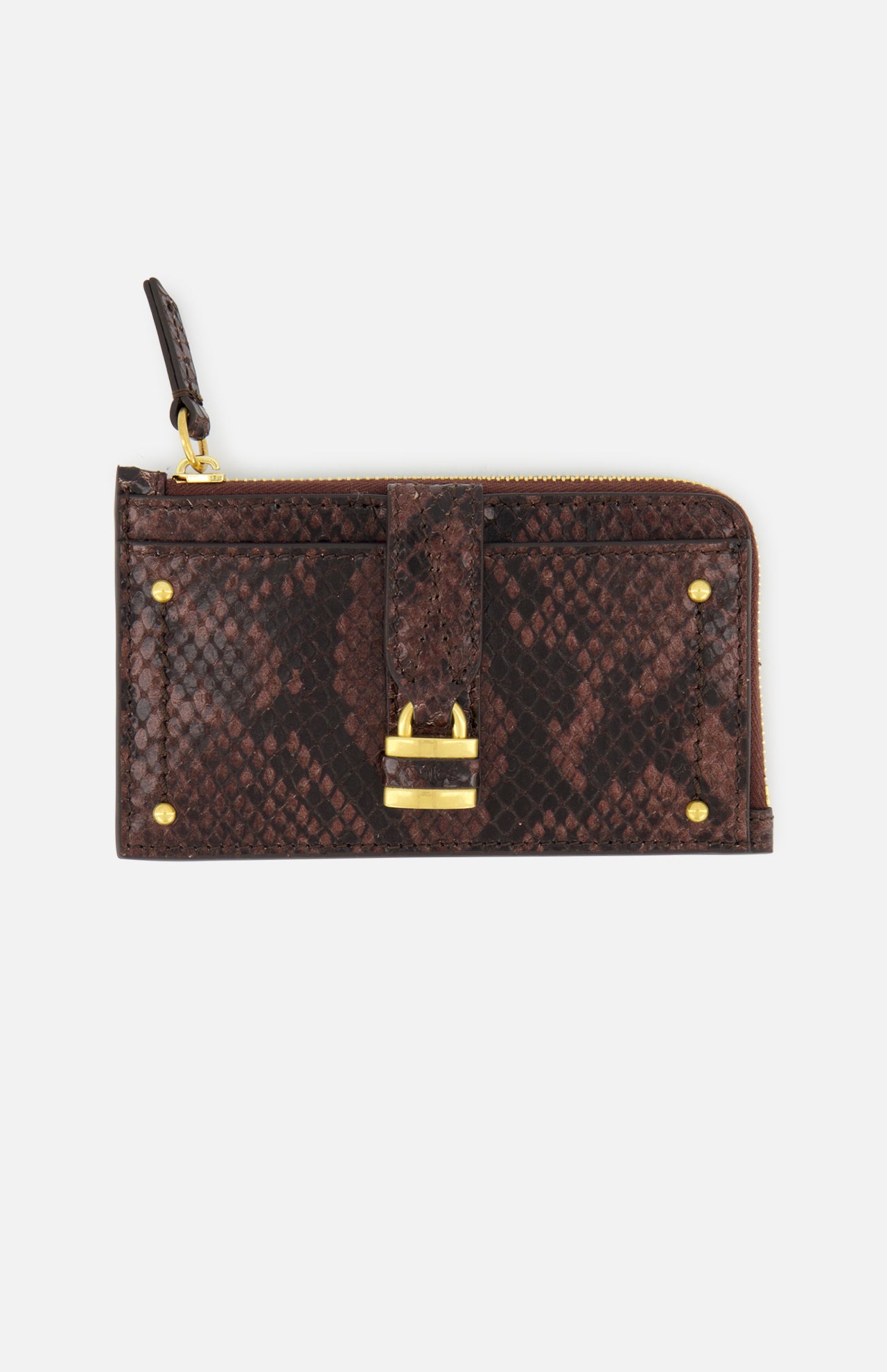 The CHLOÉ Python Paddington Wallet is a small rectangular wallet in brown python-effect calfskin, featuring gold hardware, corner studs, a strap with a gold-tone padlock on the front, and a small zipper pull.