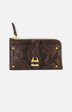 The CHLOÉ Python Paddington Wallet is a small rectangular wallet in brown python-effect calfskin, featuring gold hardware, corner studs, a strap with a gold-tone padlock on the front, and a small zipper pull.