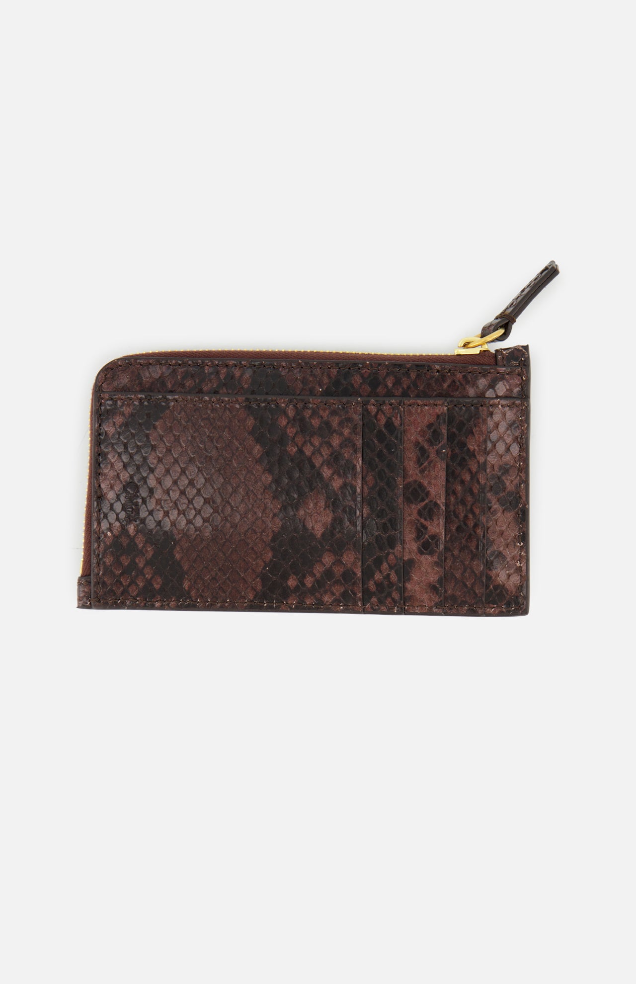 The CHLOÉ Python Paddington Wallet is a brown, python-effect calfskin card holder with a zipper compartment and multiple card slots, inspired by the small Paddington wallet, shown on a plain white background.