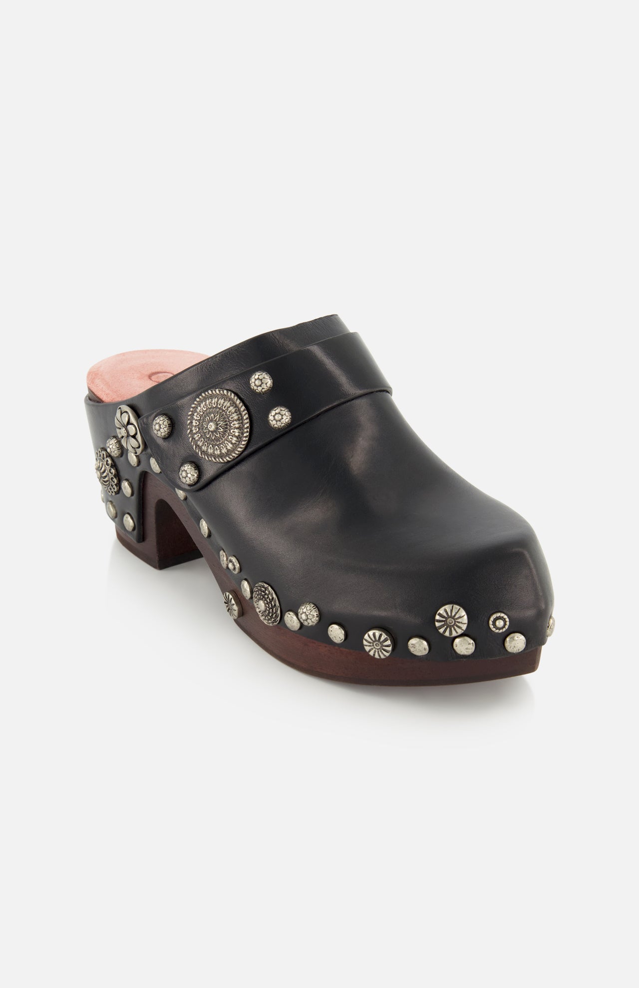 CHLOÉ Talis Studded Leather Clogs in black, featuring a wooden platform heel and decorative silver-tone studs.
