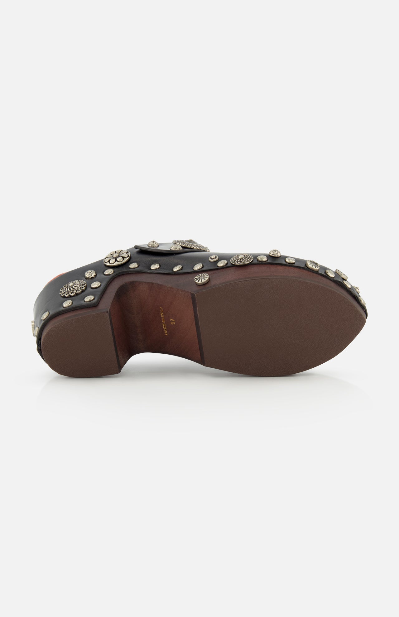 CHLOÉ Talis Studded Leather Clogs in black with a wooden sole and decorative silver-tone studs.