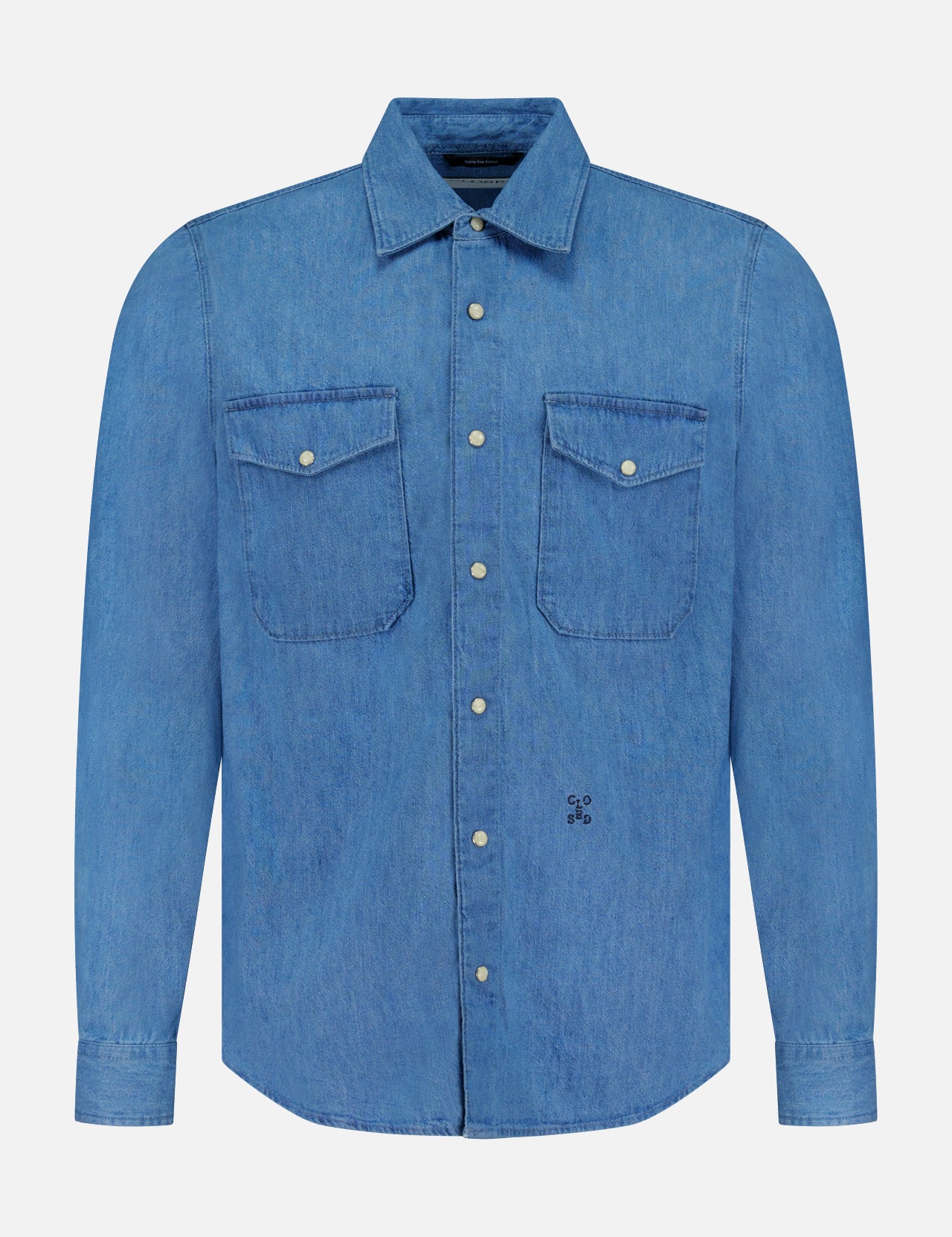 The CLOSED Army Long Sleeve Shirt, a regular fit blue denim style, features a collar, button-down front, and two chest patch pockets with button flaps, shown on a plain white background.