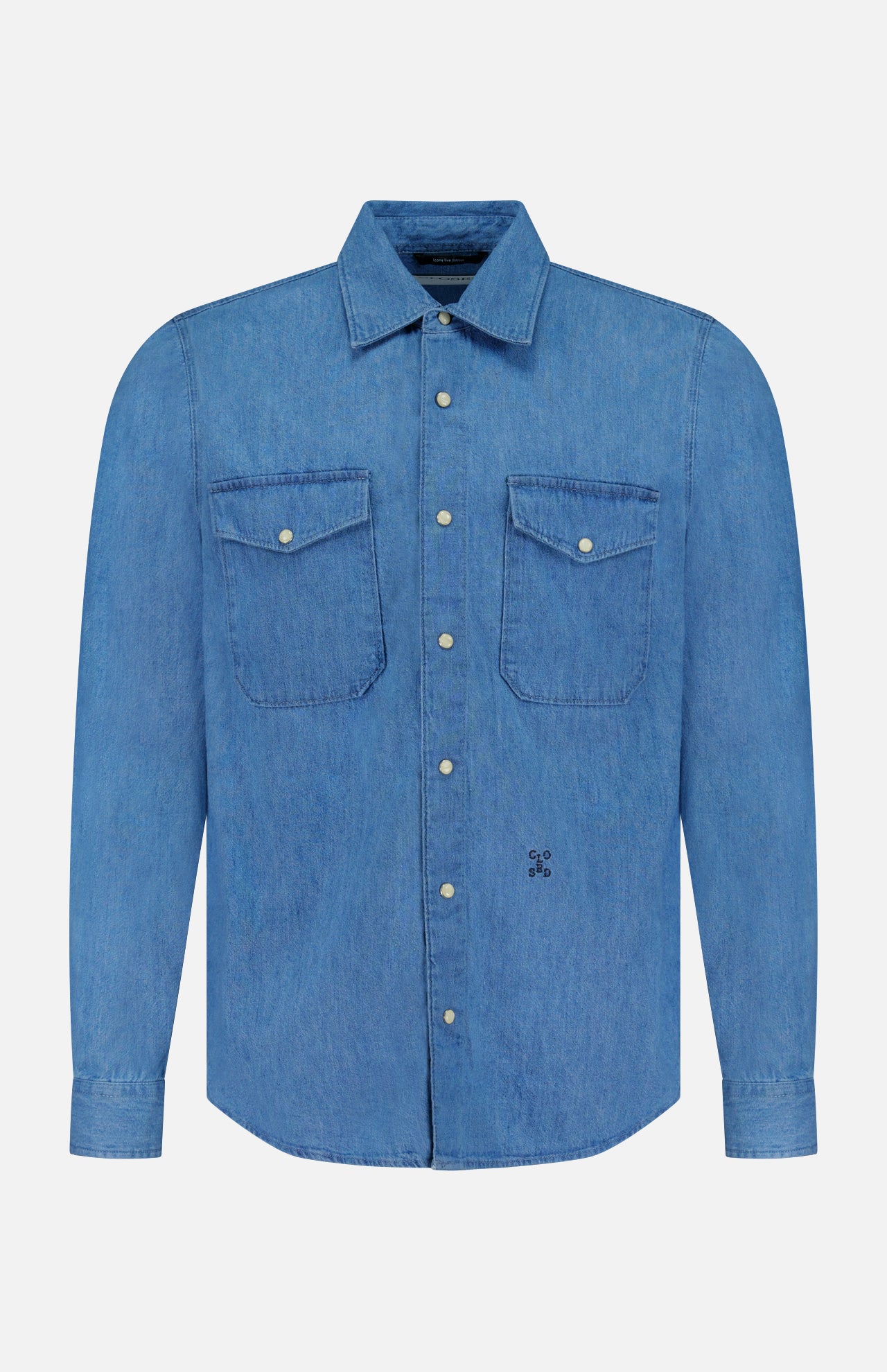 The CLOSED Army Long Sleeve Shirt, a regular fit blue denim style, features a collar, button-down front, and two chest patch pockets with button flaps, shown on a plain white background.