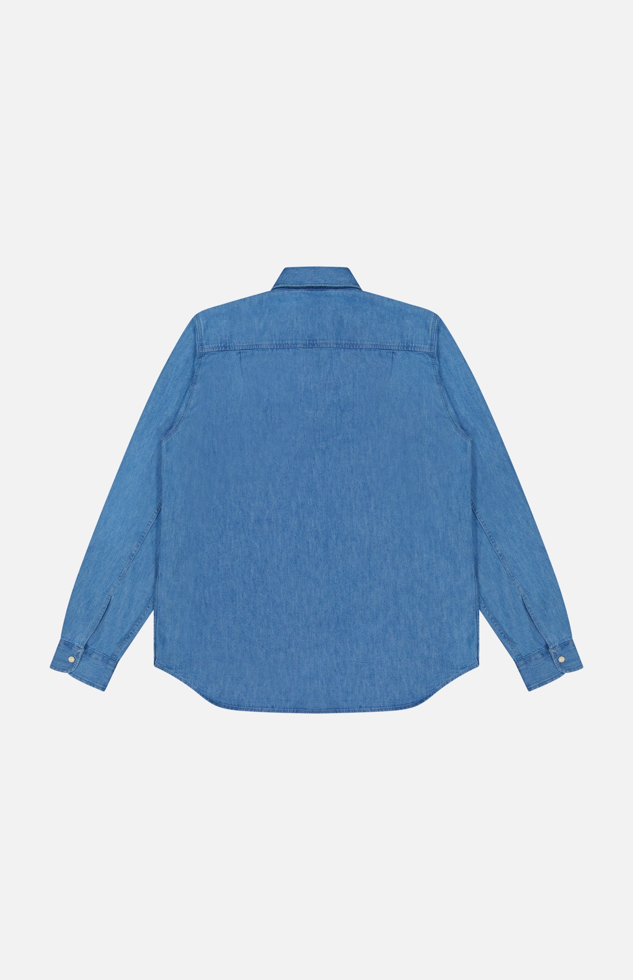 Back view of the CLOSED Army Long Sleeve Shirt—a regular-fit blue denim shirt with a collar, buttoned cuffs, and patch pockets—shown against a plain white background.