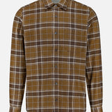 The CLOSED Basic Plaid Shirt is a brown cotton button-up with long sleeves and a collar, featuring white and dark brown lines that create a classic check pattern. Displayed on a plain white background, this versatile men’s shirt is perfect for fall.