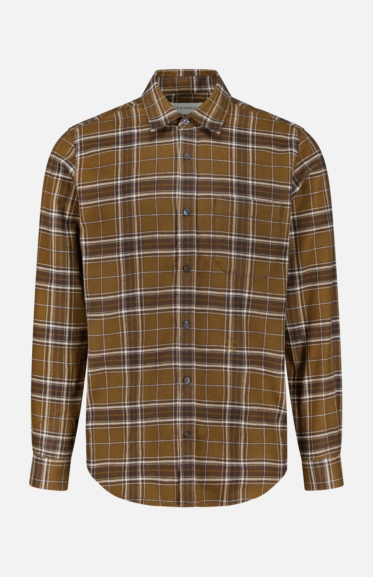 The CLOSED Basic Plaid Shirt is a brown cotton button-up with long sleeves and a collar, featuring white and dark brown lines that create a classic check pattern. Displayed on a plain white background, this versatile men’s shirt is perfect for fall.