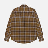 A Basic Plaid Shirt by CLOSED, featuring a brown plaid pattern with white and dark brown lines, long sleeves, and a button-up design, is displayed flat with the back facing up on a white background.