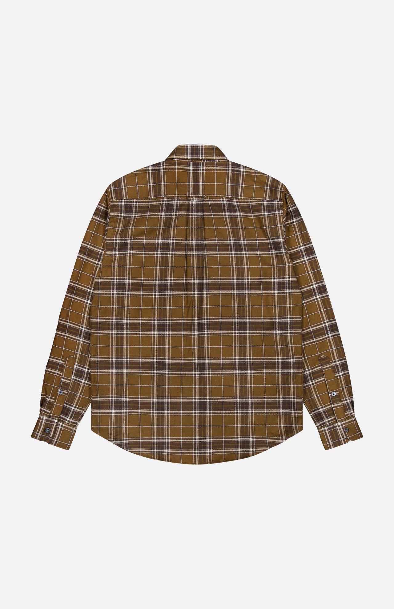 A Basic Plaid Shirt by CLOSED, featuring a brown plaid pattern with white and dark brown lines, long sleeves, and a button-up design, is displayed flat with the back facing up on a white background.