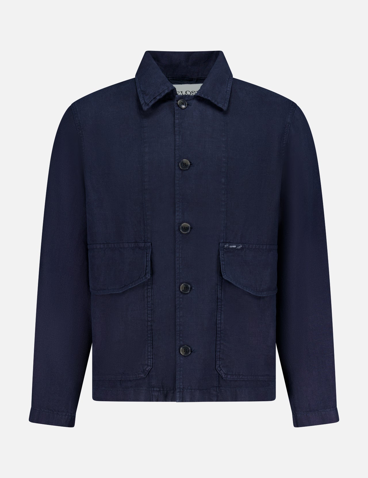 The Linen Cargo Jacket by CLOSED features a button-front closure, collared neckline, long sleeves, and two large front flap pockets in navy linen, shown against a white background.