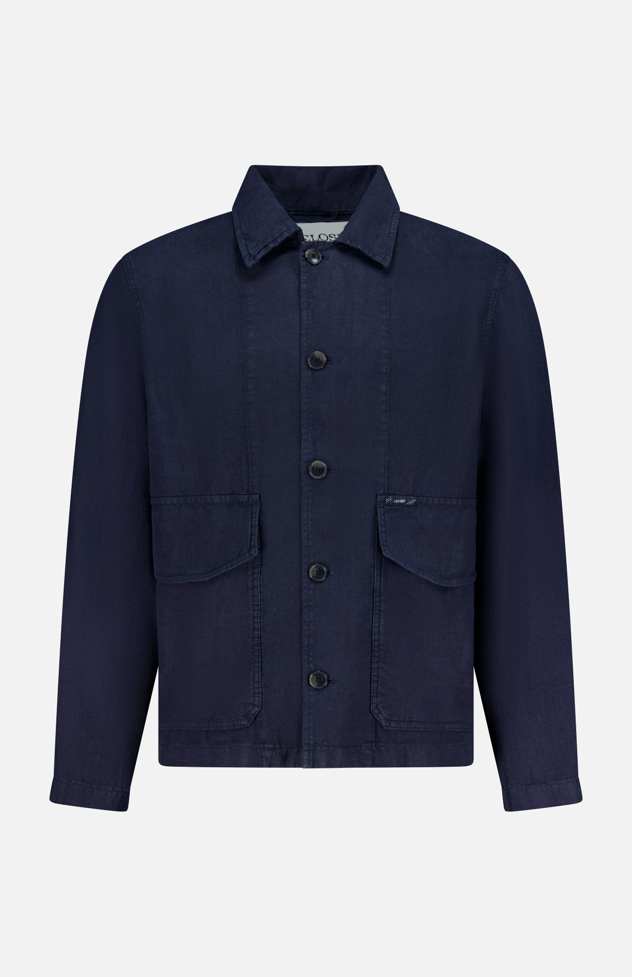 The Linen Cargo Jacket by CLOSED features a button-front closure, collared neckline, long sleeves, and two large front flap pockets in navy linen, shown against a white background.