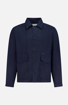 The Linen Cargo Jacket by CLOSED features a button-front closure, collared neckline, long sleeves, and two large front flap pockets in navy linen, shown against a white background.