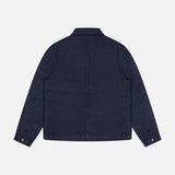 The CLOSED Linen Cargo Jacket for men, shown from the back in navy blue, features long sleeves, a collar, buttoned cuffs, and a classic button-front closure against a plain white background.