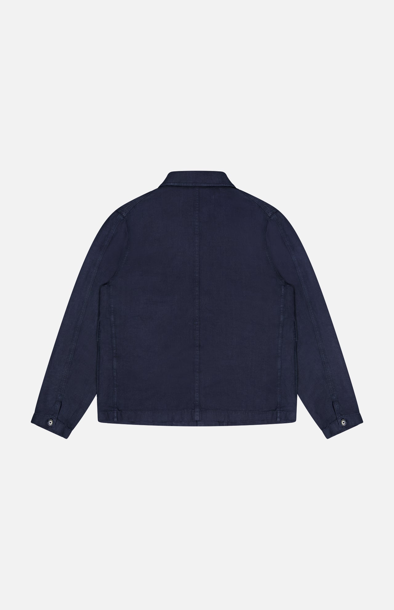 The CLOSED Linen Cargo Jacket for men, shown from the back in navy blue, features long sleeves, a collar, buttoned cuffs, and a classic button-front closure against a plain white background.